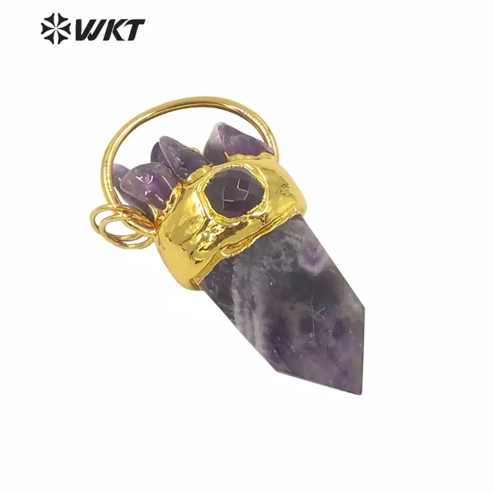 

WT-P1580 Wholesale Natural Real Stone Amethyst Spirit Point Pendant Gorgeous Gold Electroplated 18K DIY Craft Decorated