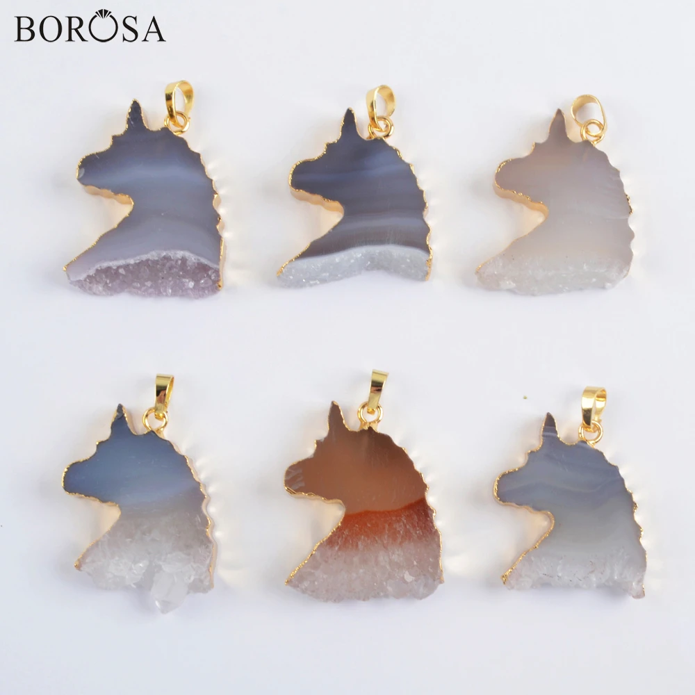 

New Fashion Unicorn Natural Agates Druzy Necklace Charm Gold Color Gems Stone Drusy Quartz Pendant Necklaces for Women G1975