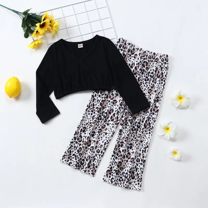 

Spring Fall Fashion Kids Clothes Girls Clothing Sets 2 Pcs Sets Solid Long Sleeve V-neck Tops+leopard Print Pants Cotton 1-6Y