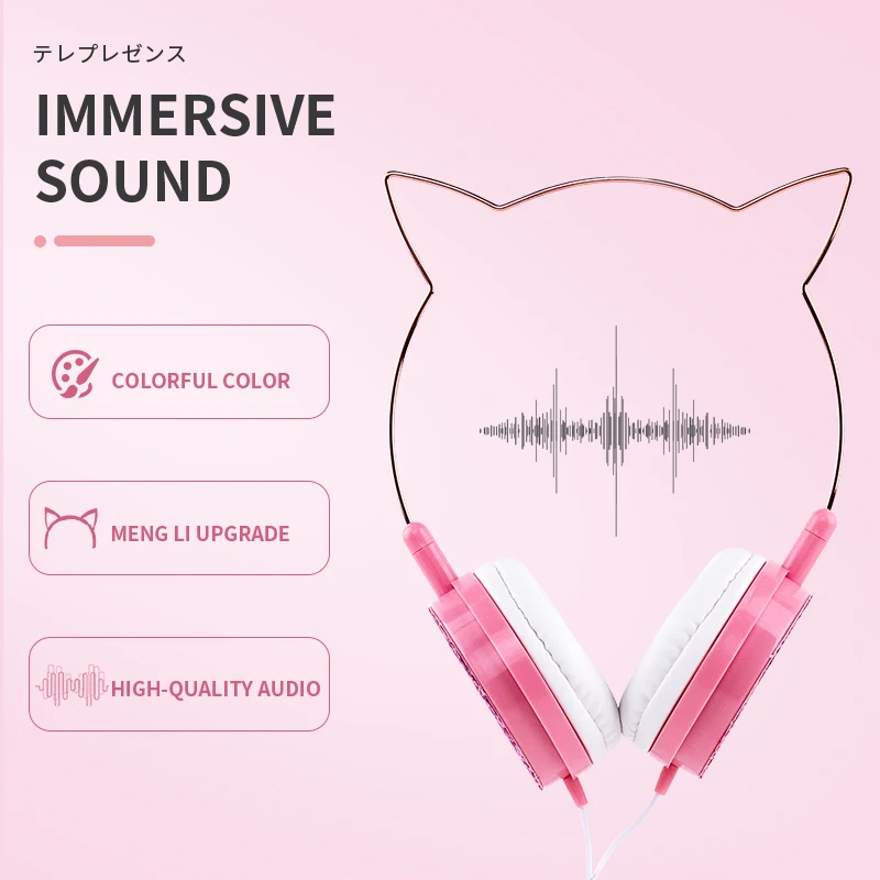 CUCA Wired Gaming Headset With Microphone over the Ear Studio Headphones Gamer Cute Cat Ear Wire Earphone 3 5mm Plug Women Gift