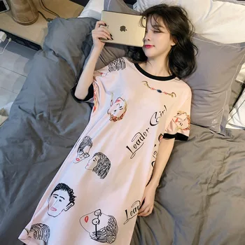 

Short Sleeve Nightgown Female Summer Powder Head M-XXL