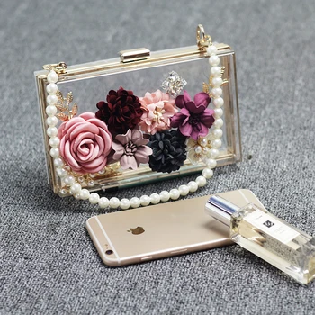 

2019 Summer New Women's Pearl Chain Flower Rhinestone Tote Bag Shoulder Messenger Mini Fashion Transparent Small Bag