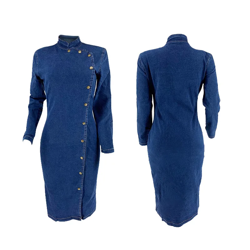 Long Sleeve Single Breasted Denim Dress Sexy Ladies Cardigan Denim Skirt 2021 Spring Autumn New European American Casual Skirt