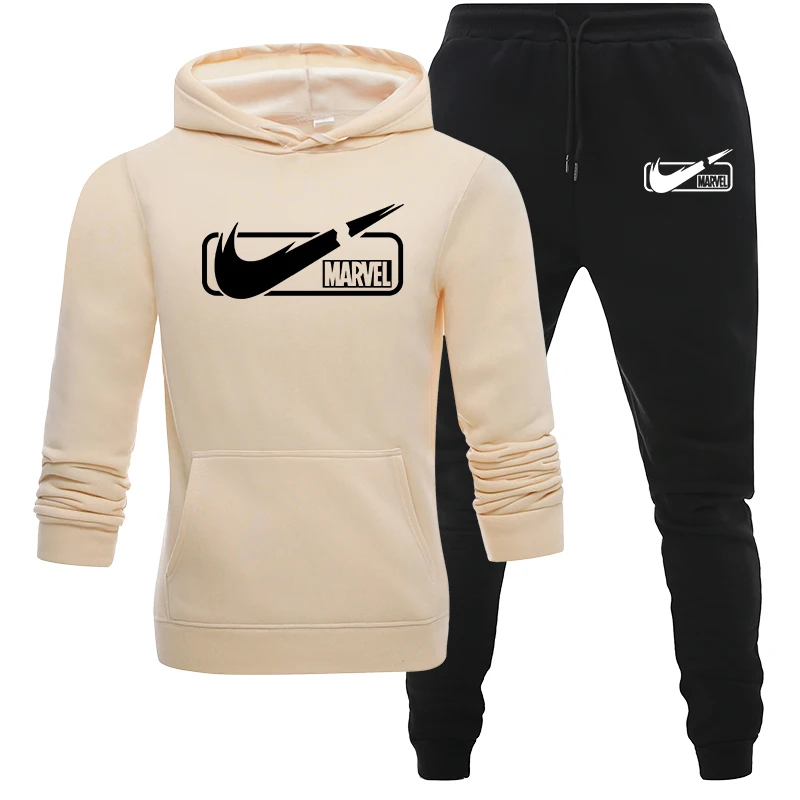 Beige black Спортивный костюм, мужской комплект, толстовка на молнии+ спортивные штаны, набор для бега, мужские толстовки, набор для фитнеса, бодибилдинга, бегунов, мужской спортивный костюм - Цвет: Beige black