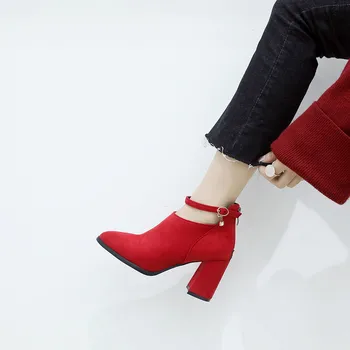 

2018 Ankle Buckle Strap Black Red Gray High Heel Boots Suede Ladies Shoes Autumn Plus Size Pointed Toe Short Boot Women