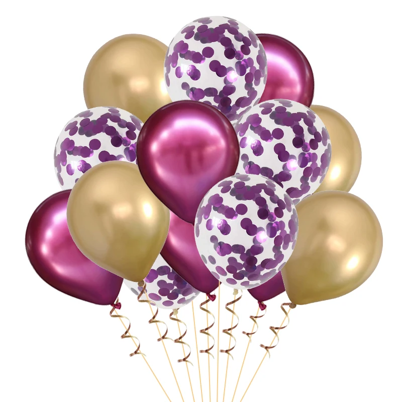 15 шт Металлические цвета латексные воздушные шары с конфетти надувные для дня рождения воздушные шары Свадебные украшения гелиевые шары - Цвет: Сливовый