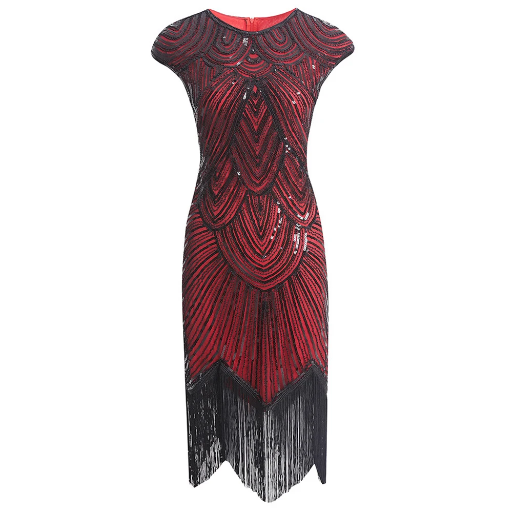

Vintage Women Sequins Tassels Round Neck Sleeveless Banquet Cocktail Party Dress China red Material Polyester Nylon Spandex