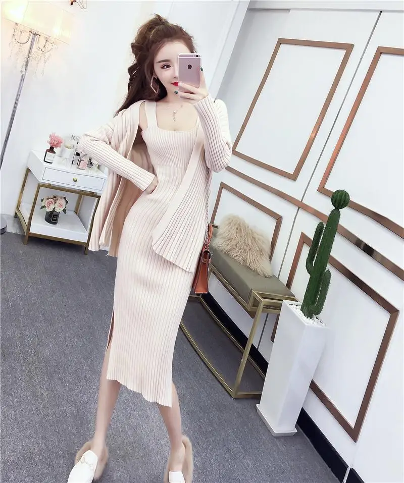 

winter suit for women slim Long Sleeved Cardigan + Suspenders Sweater Vest Dress women female winter suit two piece skirt set