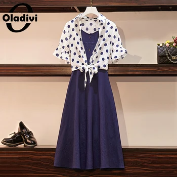 

Oladivi Plus Size Women Camisole Dress + Polk Dot Print Shirts Two Pieces Sets Elegant Vintage Ladies Sundress Top Suits L-4XL