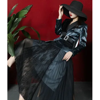 

two piece set 2019 Autumn Winter Vintage 2 piece set women Gold Velvet Suit +Pleated Mesh Skirt Streetwear Office Lady blazer