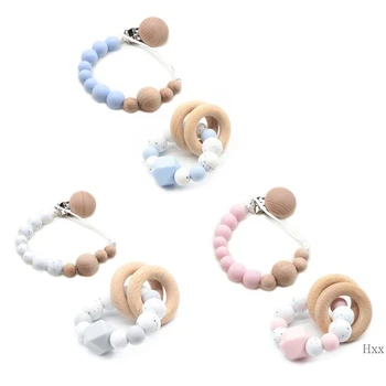 

New Baby Silicone Teether Wood Ring Bracelet Pacifier Chain Holder Newborn Molar Toy