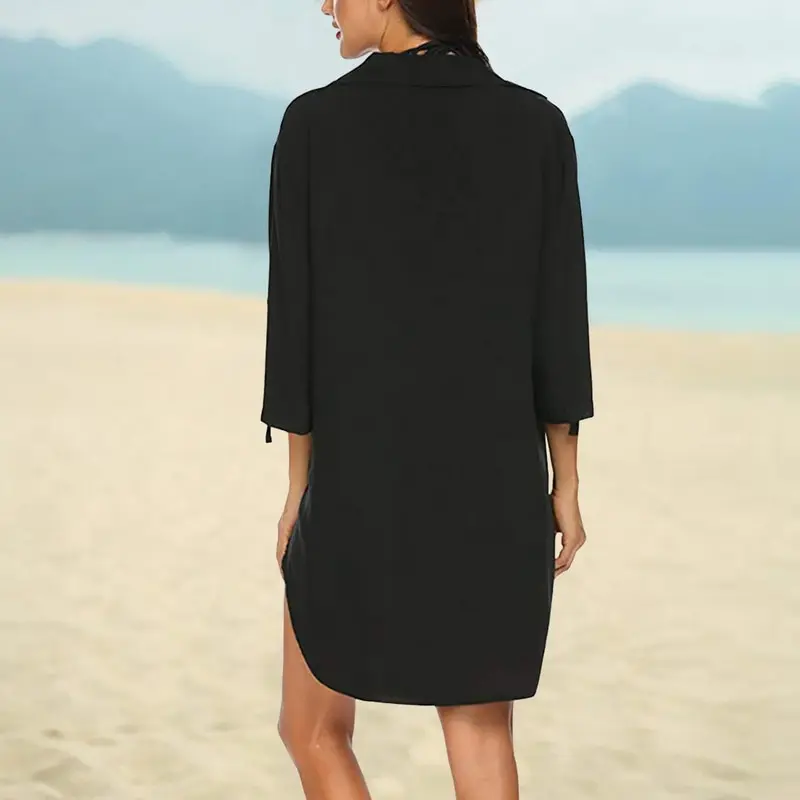 2021 Women's Beach Cover Up Long Sleeve Button Down Sleep Shirt Dress Swimsuit Solid Color Cover Up Tunics Solid color Beachwear long beach dresses