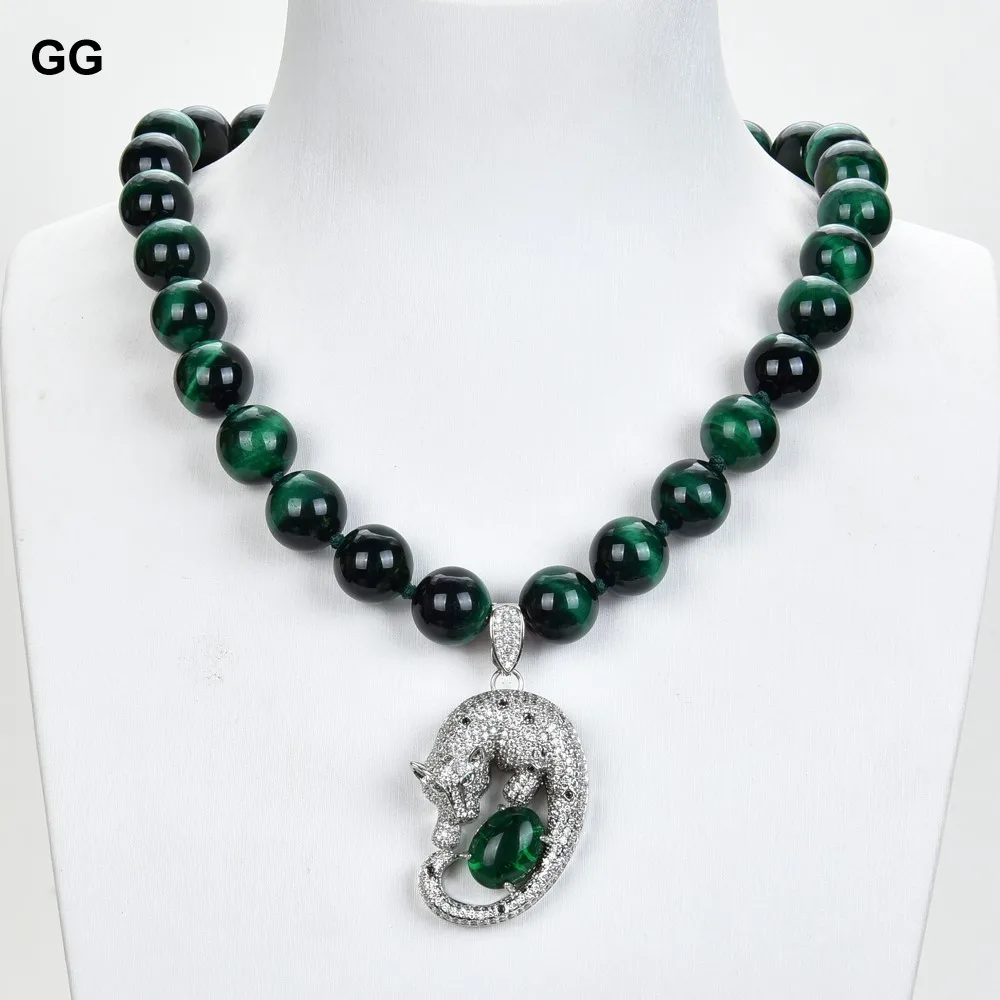 

GuaiGuai Jewelry 14mm Round Green Tigers eye CZ Pave Necklace Pendant 18''