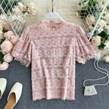 

Chic Sweet Eyelash Lace Women's 2020 New Summer Short Sleeve Elegant Blouse Vintage Camisas Mujer L742