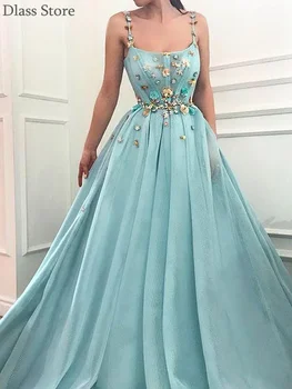 

2020 Sky Blue Evening Dress Spaghetti Strap A-line Tulle Cute Flowers Illusion Floor Length Spaghetti Strap Prom Dress vestidos
