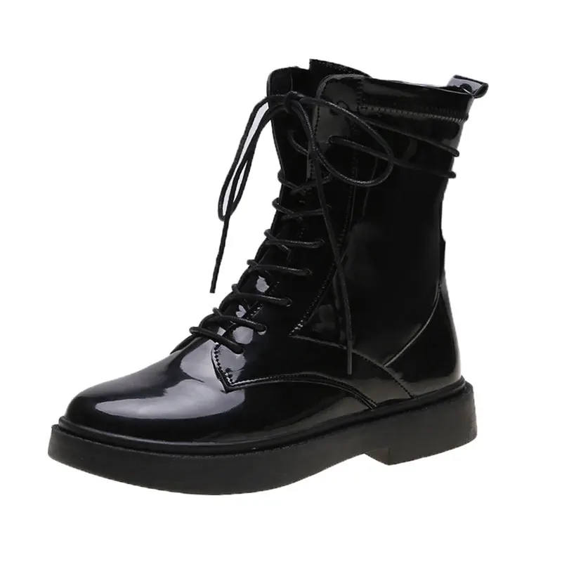 Boots Women Fashion Round Toe Thick Middle Heels Martin Boots Patent leather Ankle Boots Ladies Lace-Up Punk Motorcycle Shoes