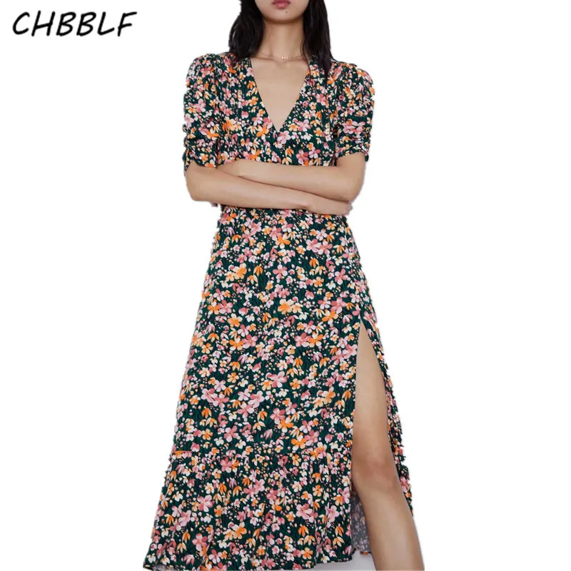

CHBBLF retro floral print midi dress V neck short sleeve elastic waist split vintage female casual beach dresses HJH2194