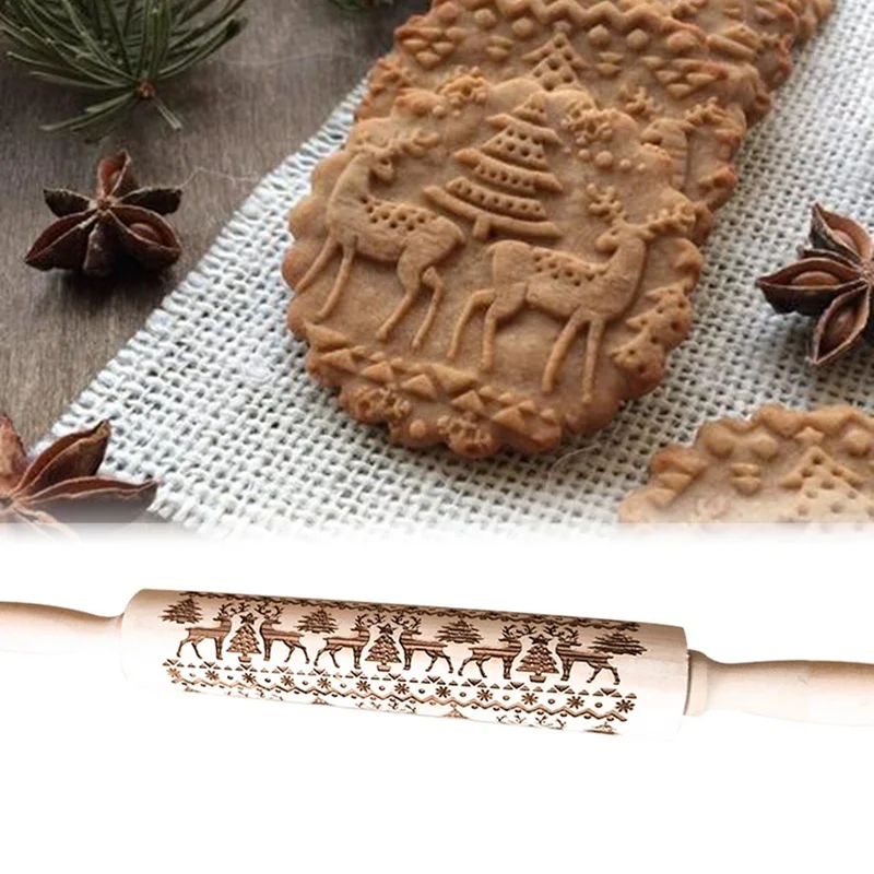 

Christmas Rolling Pins Rock Snowflake Elk Wooden Rolling Embossing Baking Cookies Biscuit Fondant Cake Patterned Roller 35/45cm