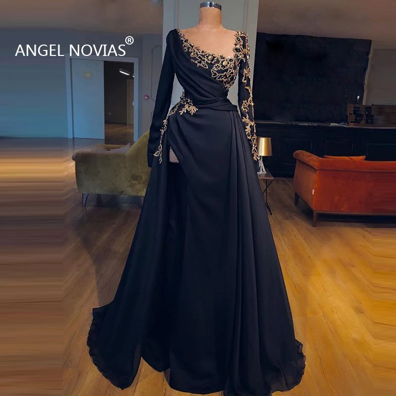 Best Price Abendkleider 2019 Lange Mouwen Zwart EEN Lijn Avondjurken 2019 met Gouden Kralen Dubai Marokkaanse Sexy Formele Prom Jassen Best Price Abendkleider 2019 Lange Mouwen Zwart EEN Lijn Avondjurken 2019 met Gouden Kralen Dubai Marokkaanse Sexy Formele Prom Jassen