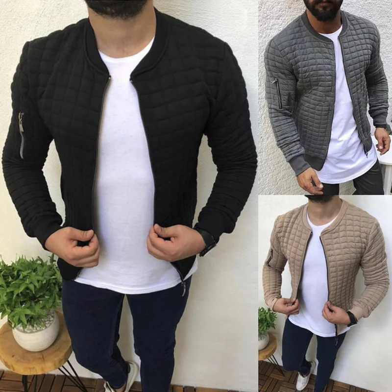 

Mens Fashion Autumn Winter Solid Color Plaid Jackets Mens Outdoor Casual Round Neck Long Sleeve Zipper Sports Coat 2019 New
