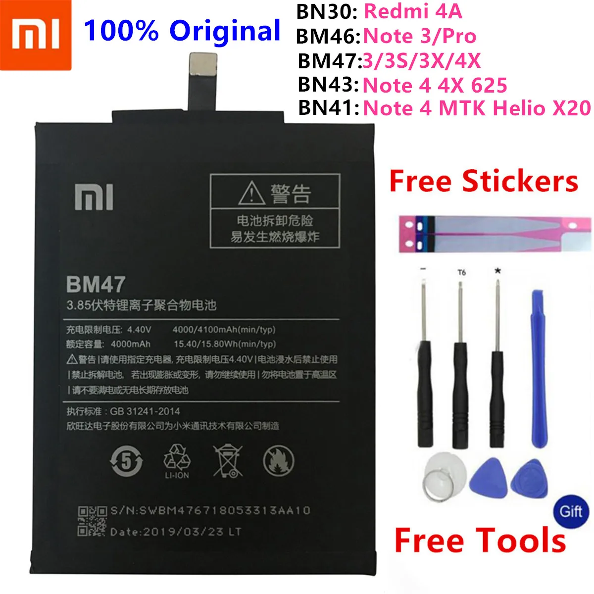 

For Xiaomi Redmi 4A Note 3 3 Pro 3 3S 3X 4X Battery Hongmi 4A 3 S 4X MTK Helio X20 Note 4 global Snapdragon 625 Bateria +Tools