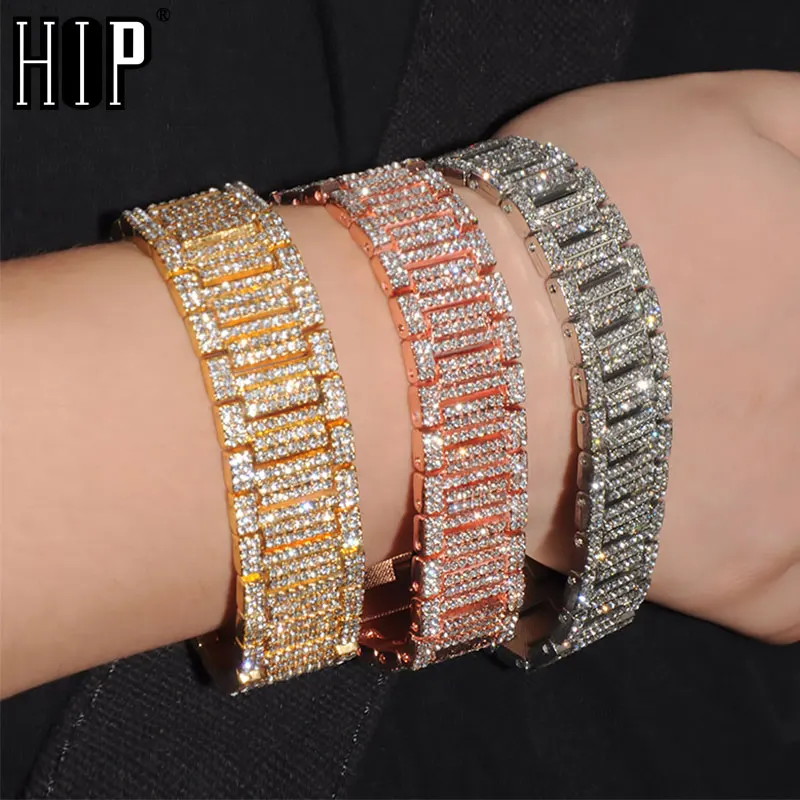 

Hip Hop Full Rhinestones Iced Out Bling Gold Silver Watch Band Link Chain Bracelets Bangles for Men Rapper Jewelry