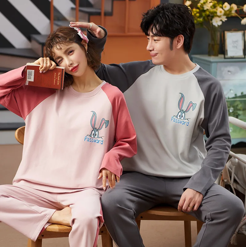 

MELIFLE Autumn 2 Pieces Cotton Couple Pajamas Sets Cartoon Print Long Sleeve Soft Sleepwear for Women O-Neck Loose Men's Nightie