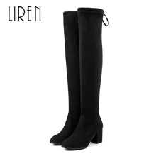 Liren 2019 Spring/Autumn Women Fashion Sexy Knee-High Flock Lace-up Boots Round Toe High Square Heels Women Sexy High Boots