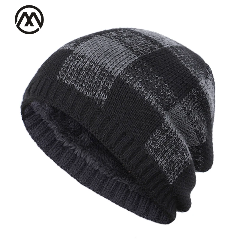 

2019 classic plaid men's winter hat men and women cotton hat scarf thickening plus velvet outdoor warm casual knit hat peas