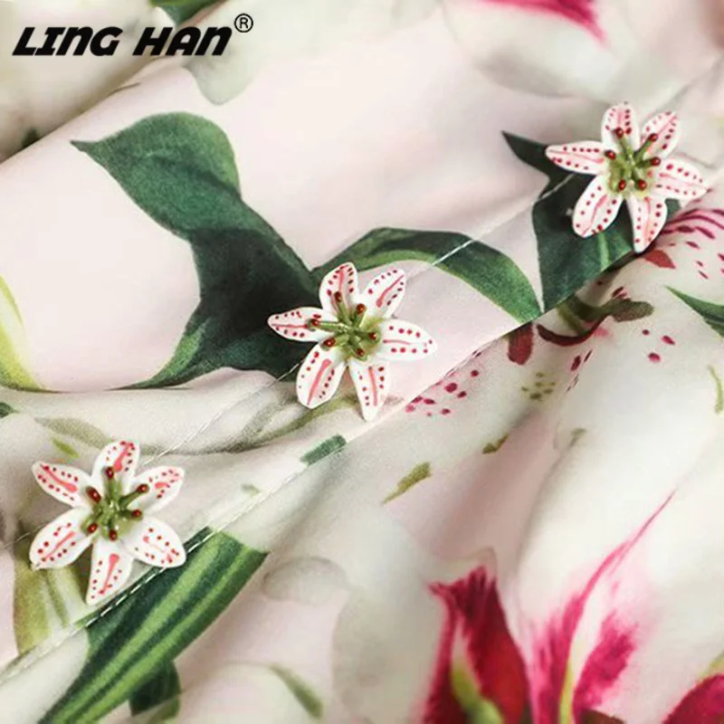 LINGHAN Runway дизайнерское летнее платье миди женское с коротким рукавом на заказ lily Кнопка цветочный принт кружевное элегантное платье vestdios