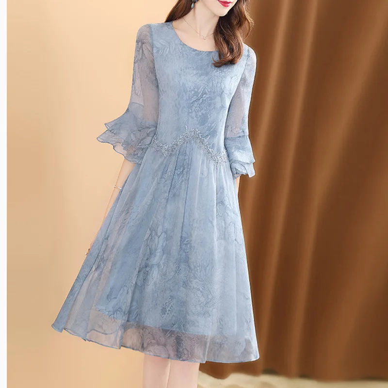 

Chiffon Dress Women's Summer 2019 New Style Korean-style Loose-Fit Printed Lace Mid-length A- line Skirt Fashion