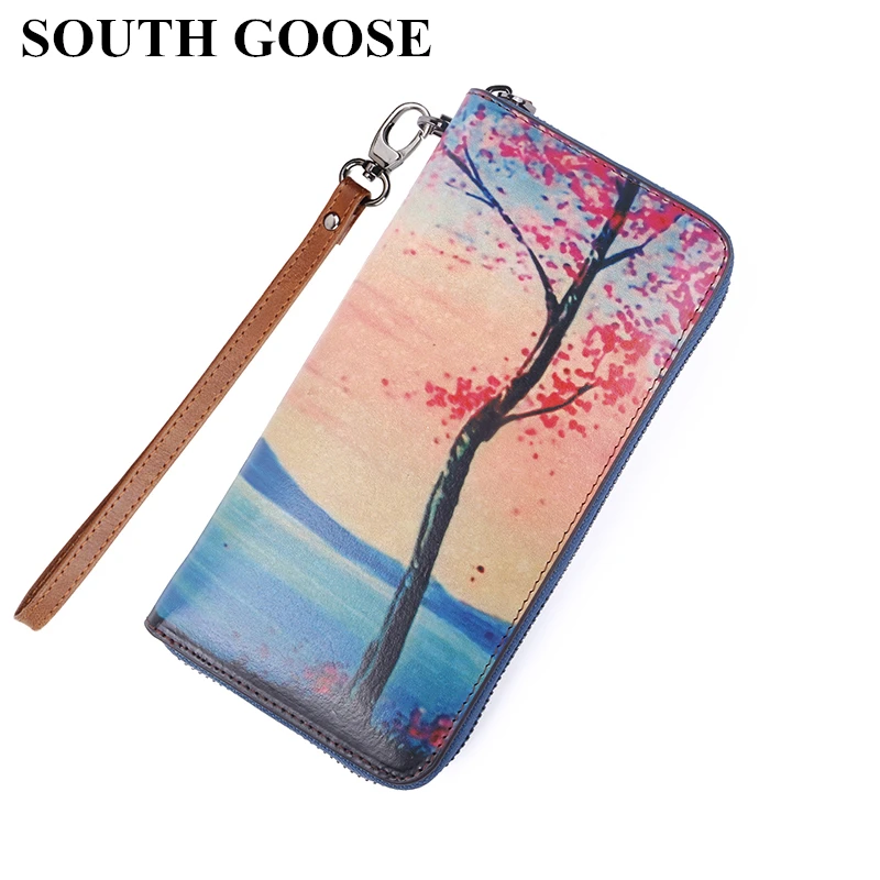 

SOUTH GOOSE Genuine Leather Women Wallet Female Classical Zipper Purse Scenery Printing Multiple Card Holders Money Clutch Bag