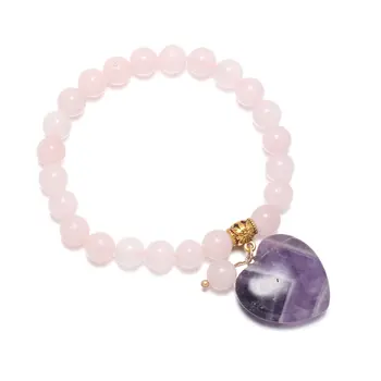 

8mm Natural Stone Rose Quartzs Beads with Heart Shape Amethysts Pendant Bracelet Fashion Bangle For Women Jewelry Gifts