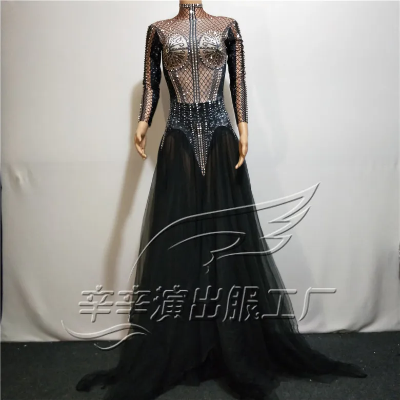 

Women New Summer Fashion Black Net Dress Birthday Celebrate Rhinestones Dress Peroformance Costume Dance Bodysuit Long Dress