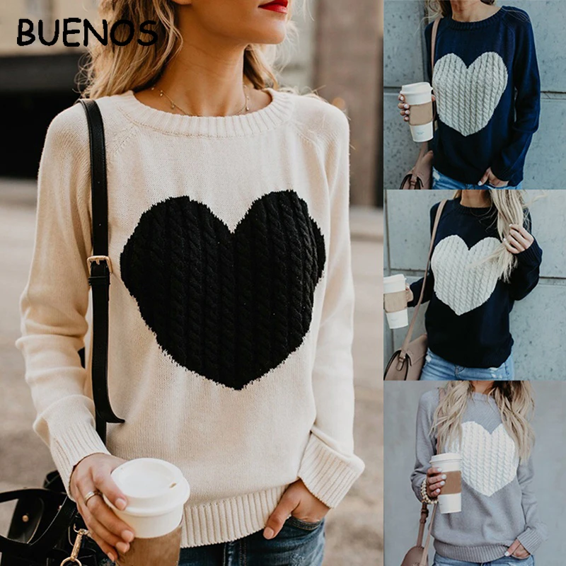 

BUENOS autumn Winter Women Sweaters Heart Knitted Jumpers Pullovers Long Sleeve Sweater Slim Sueter Mujer Sweter