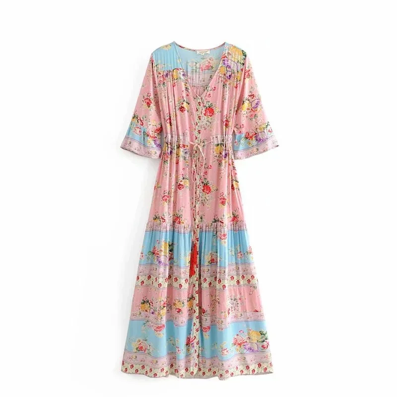 

C5717-8368 WOMEN'S Dress New Products Rose Positioning Printed Half-sleeve Shirt V-neck Dress