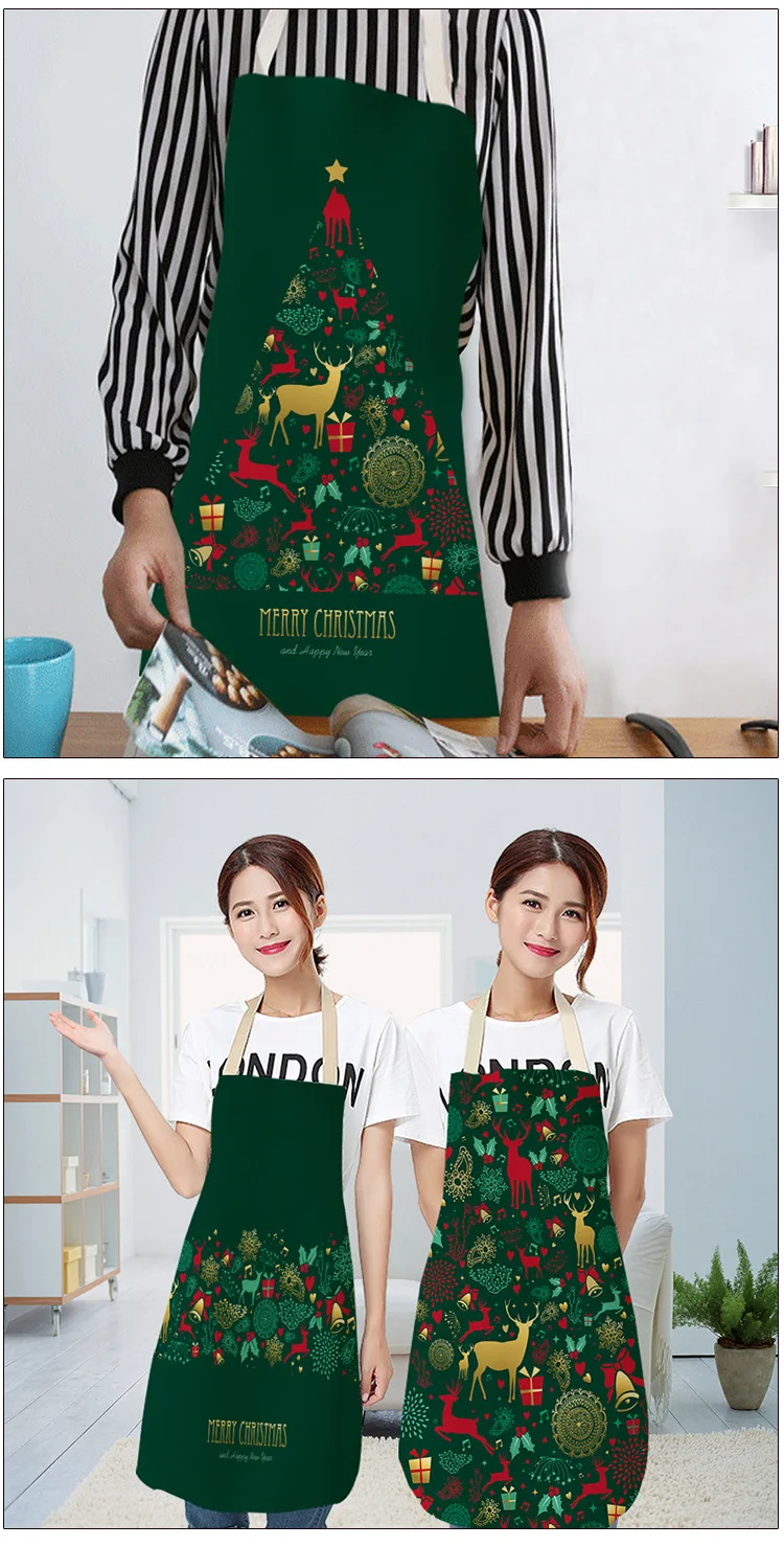 Green Custom Linen Cooking Apron Dress Christmas Tree Gift Elk Child Kitchen Funny Kitchen Apron for Women Baking Accessories