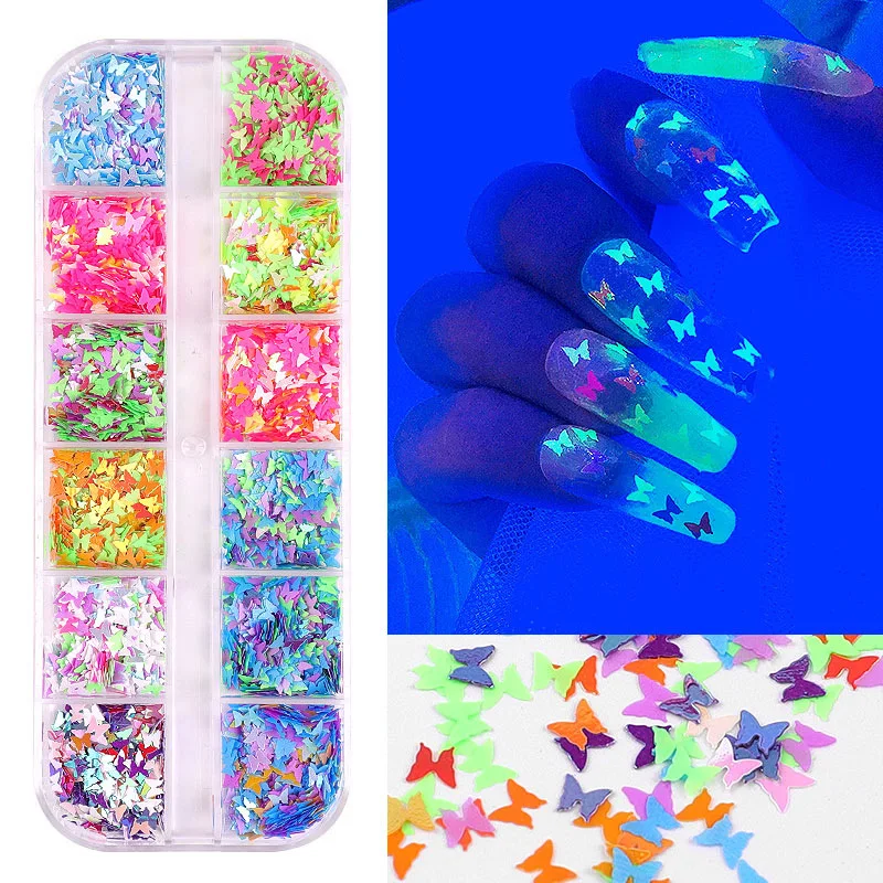 

12 Grids Colorful Butterfly Nail Glitter Sequins Mixed Powder Foils Decals Ultrathin Flakes For Acrylic Nails Art Decoration