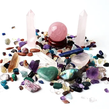 

Natural Colorful Stone Set Chakra Gravel Obelisk Crystal Ball Rosequartz Gemstone Mineral Specimen Reiki Decor Healing Stone