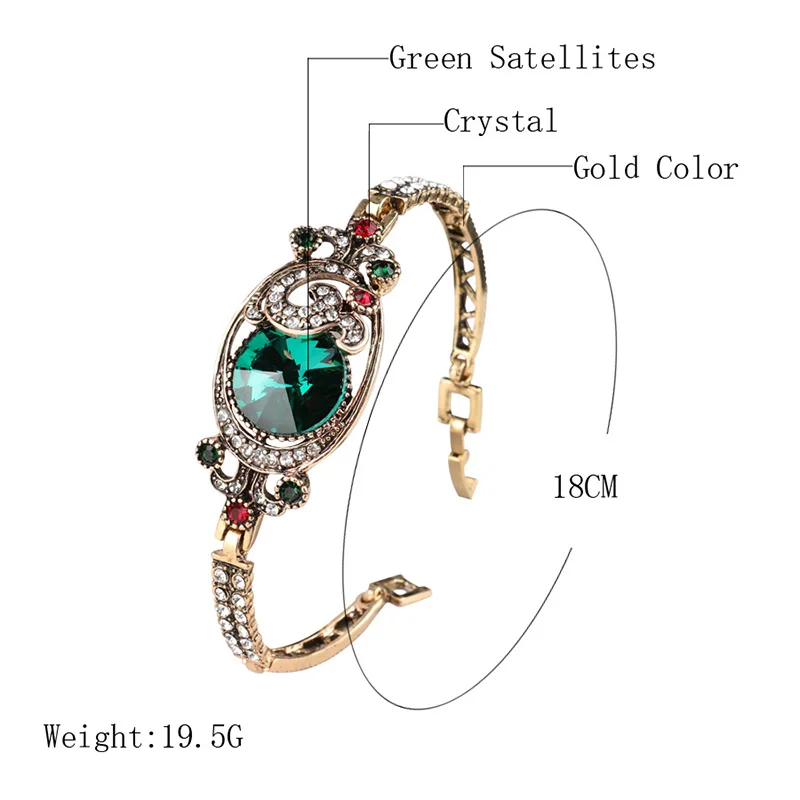 Luxury Vintage Green Satellites Bangles Antique Gold Color Colorful Crystal Turkish Bracelets For Women Bijouterie crystal bracelet