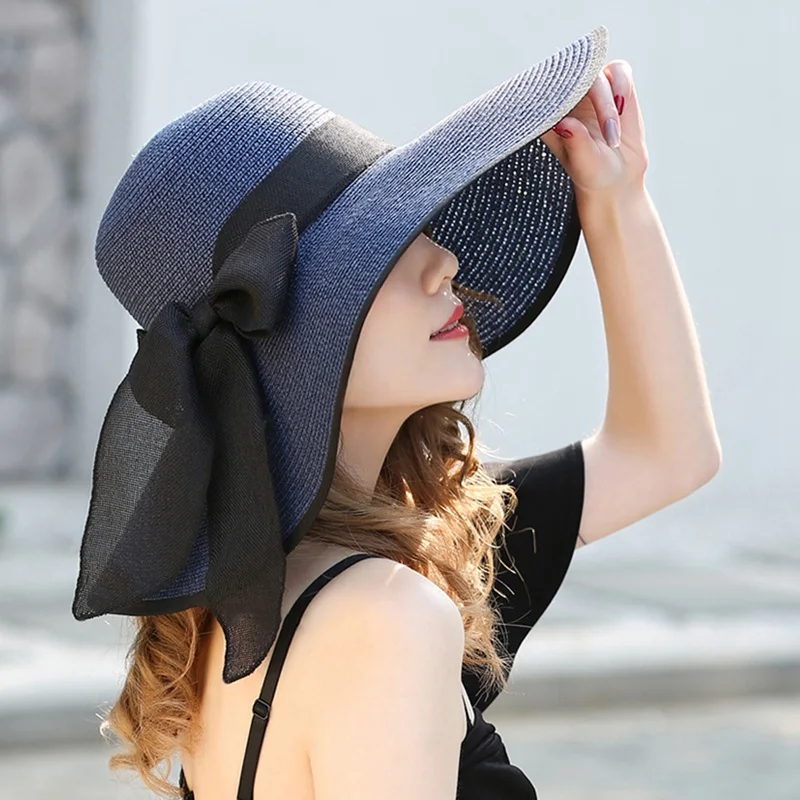 Large Brim Straw Hat Floppy Wide Brim Sun Cap Bowknot Beach Foldable Hat Fashion Vacation New