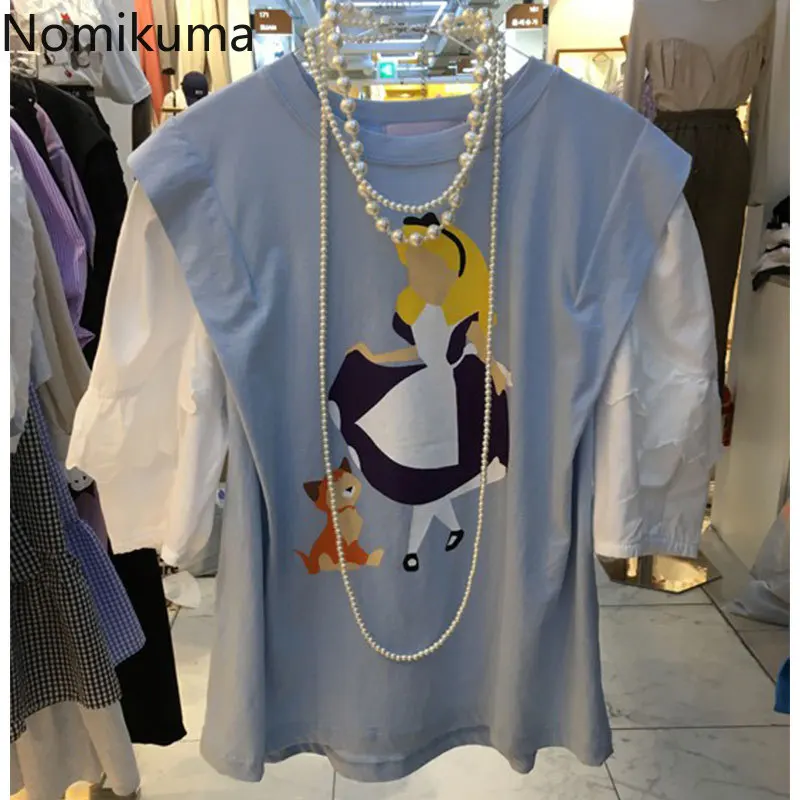 Nomikuma Woman Tshirts Korean Hit Color Patchwork Graphic Tee Causal Lantern Short Sleeve O-neck T Shirt Feminima 6G956 | Женская одежда