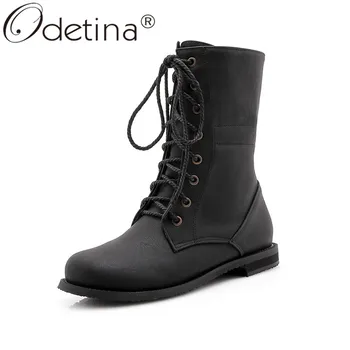 

Odetina Fashion Women Lace Up Vintage Ankle Boots Flat Autumn Ladies Comfort Elegant Round Toe Winter Combat Boots Big Size 52
