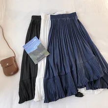 Женские повседневные плиссированные юбки осенние однотонные оборки женский с эластичной талией повседневные юбки Модные женские шикарные средней длины Удлиненная юбка
