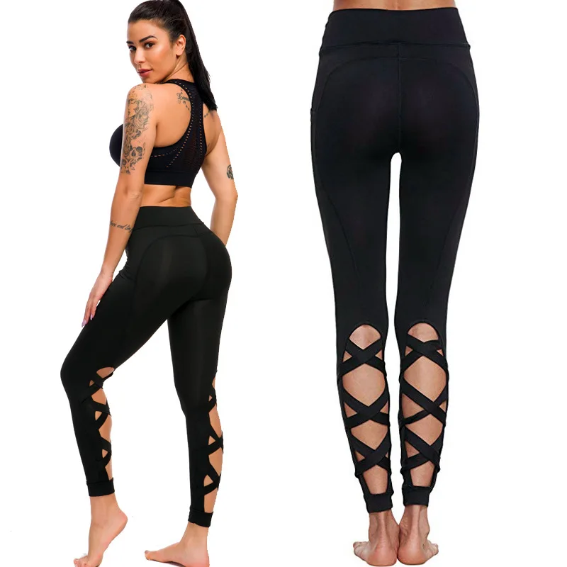 CHRLEISURE Cross Hollow Leggings For Women Large Size Elastic Legging Fitness High Waist Slim Sexy Leggins