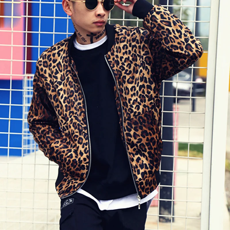 Leopard Print Baseball Jacket Fashion Style Mens Autumn Jacket Classic Personality Hip Hop Coat Nightclub Bar Hairdresser