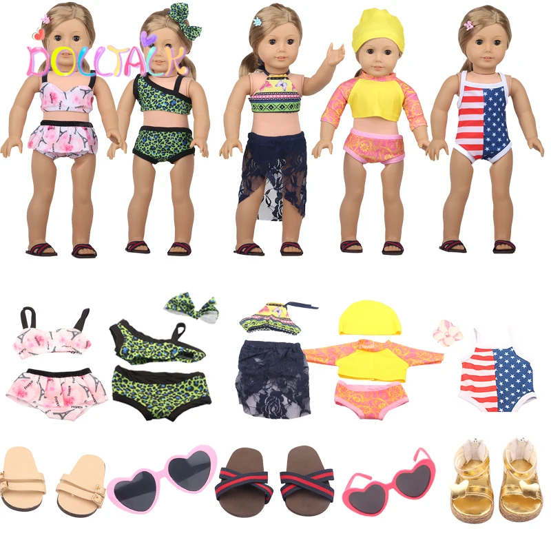 Nuevo traje de baño sólido muñeca Bikini + gafas de sol traje de baño sandalias de playa natación ajuste bebé Reborn 43cm niñas muñecas americanas de 18 pulgadas