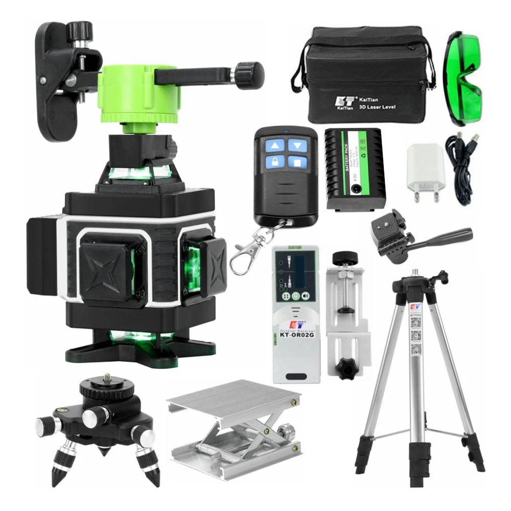 Kaitian Laser Level Tripod Green 4D 16Lines Self-Leveling Vertical Horizontal Powerful 360 Bracket Green 3D Nivel Laser Receiver