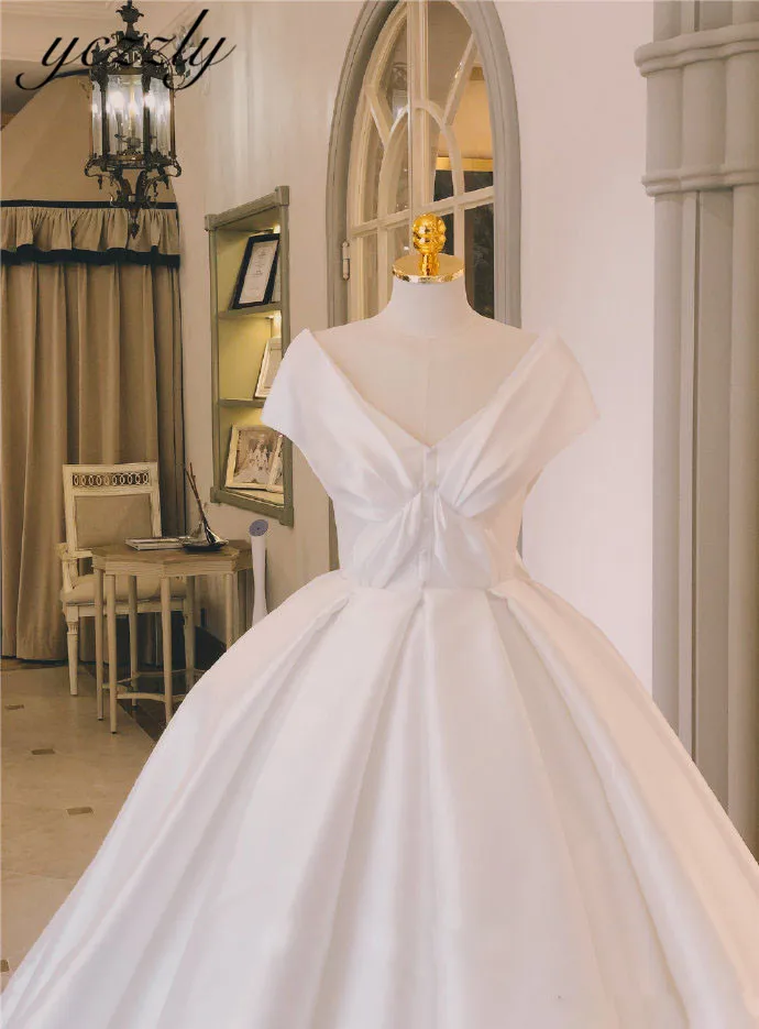 Vestidos De Novia Винтаж v-образным вырезом Кепки бальное платье с рукавами в стиле принцессы сатиновое свадебное платье Королевский синий длинное свадебное платье YW78