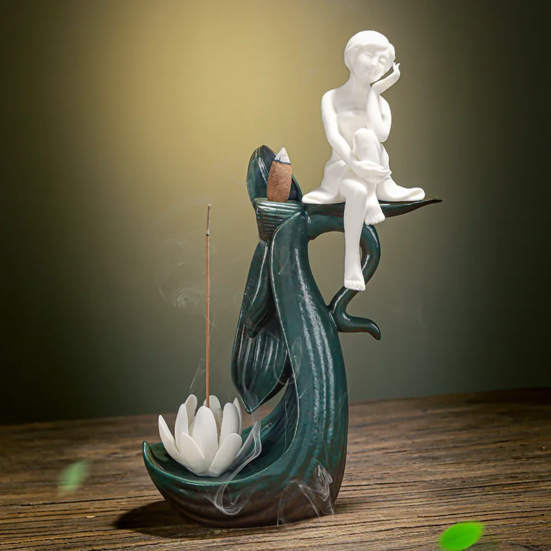 

Zen back flow incense burner ceramic ornaments lotus lady incense burner sandalwood Chinese style living room porch decoration